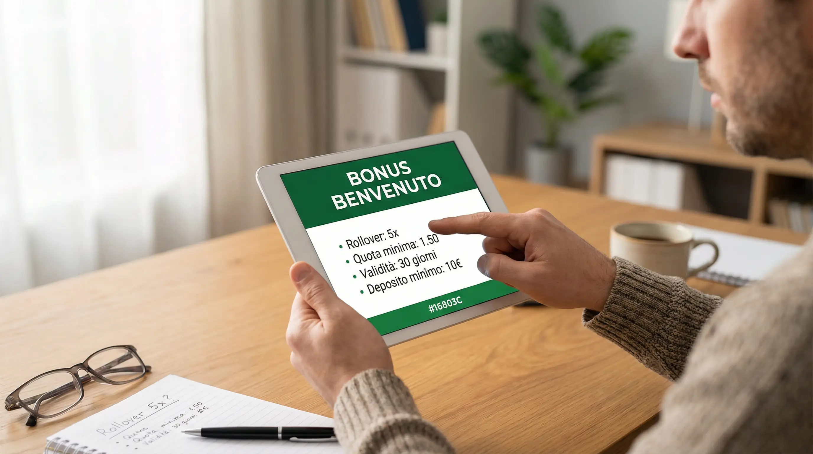 Persona che legge condizioni bonus benvenuto scommesse su tablet