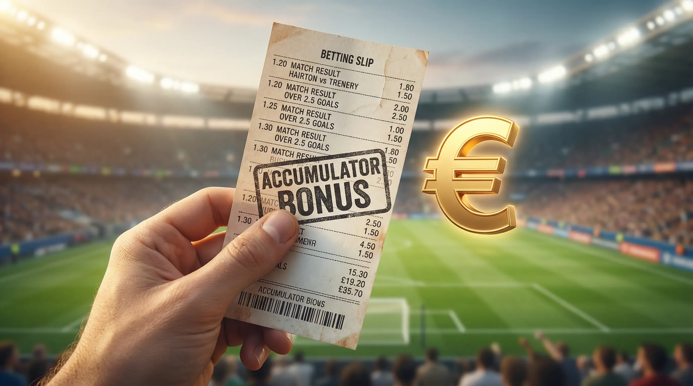 Bonus multipla scommesse calcio: mano che tiene una ricevuta di scommessa con il simbolo €