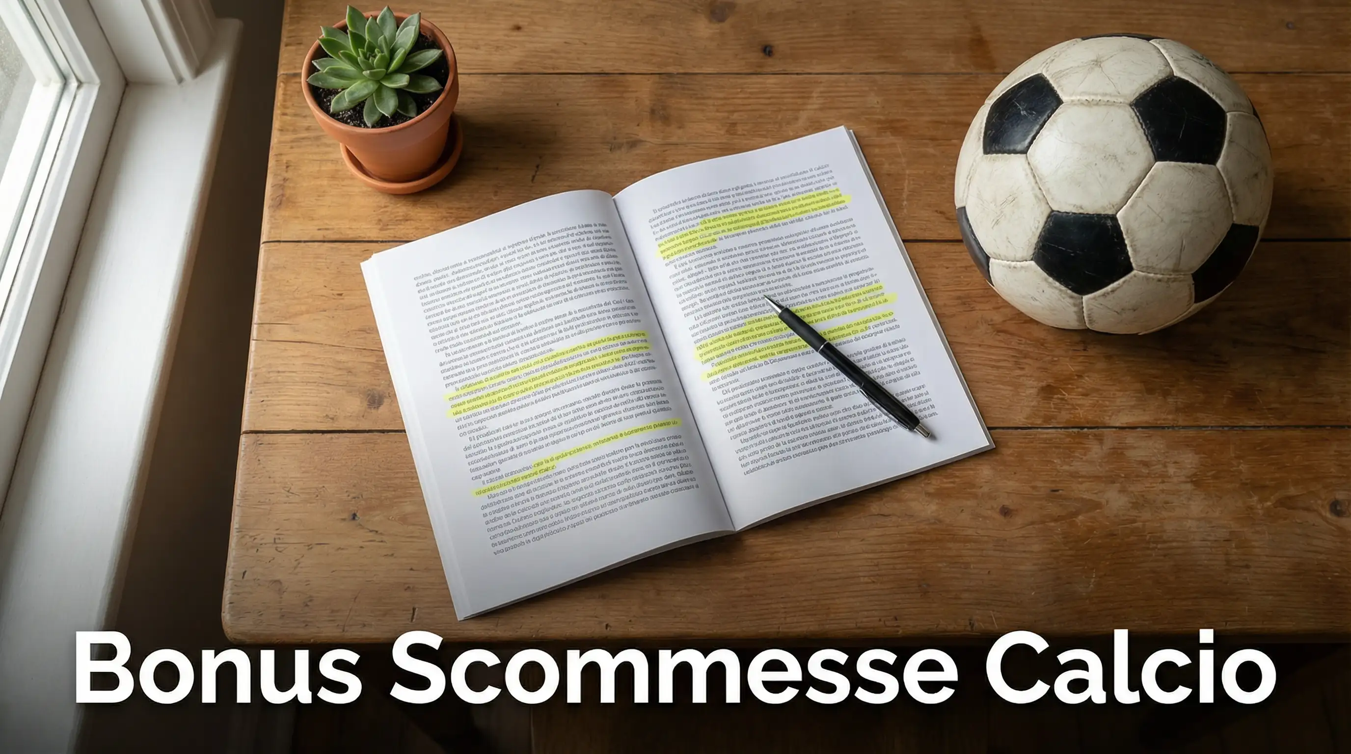 Documento con condizioni bonus scommesse calcio e pallone su scrivania