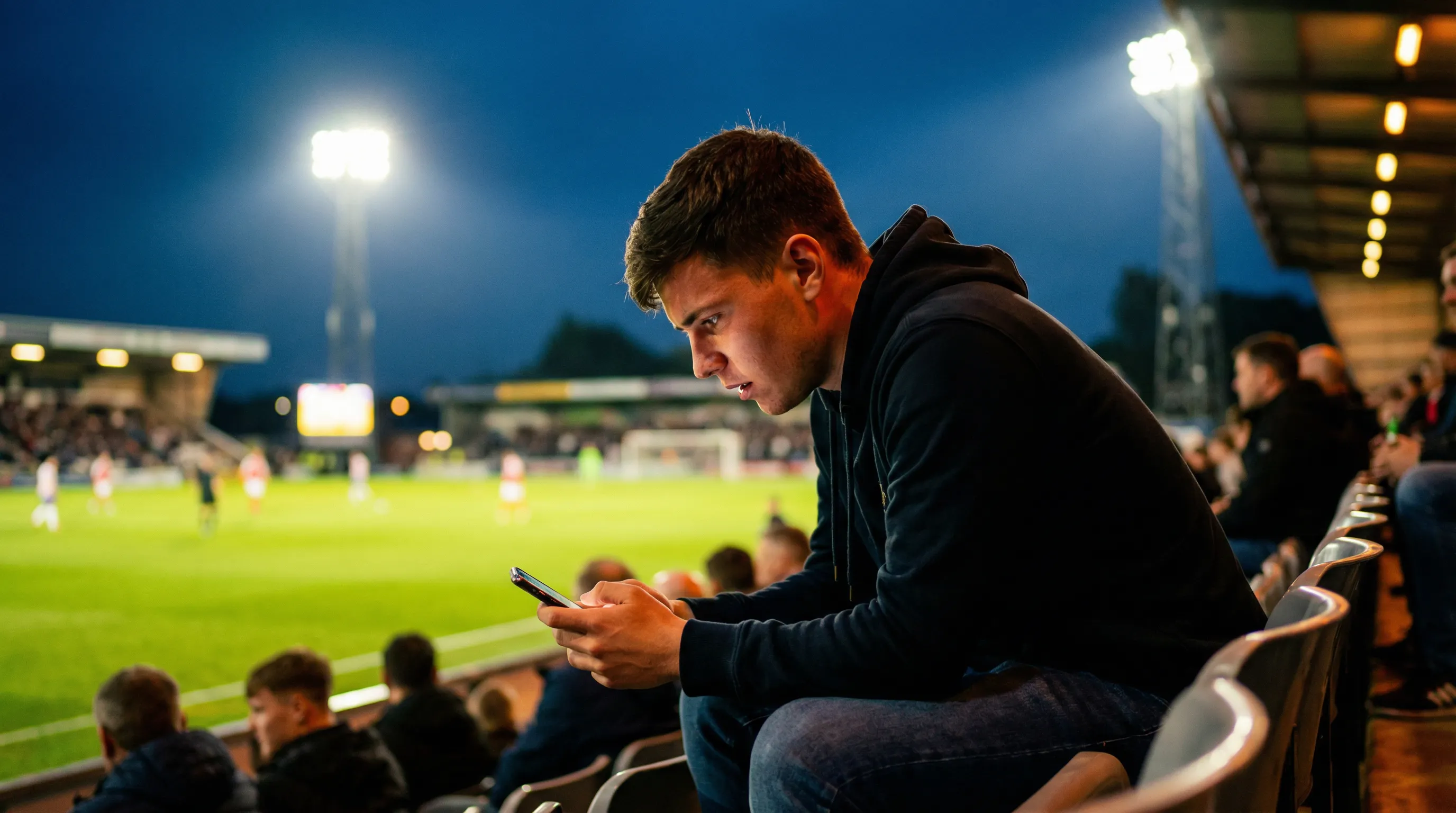 Cash out scommesse calcio: tifoso concentrato che guarda una partita di calcio sullo smartphone