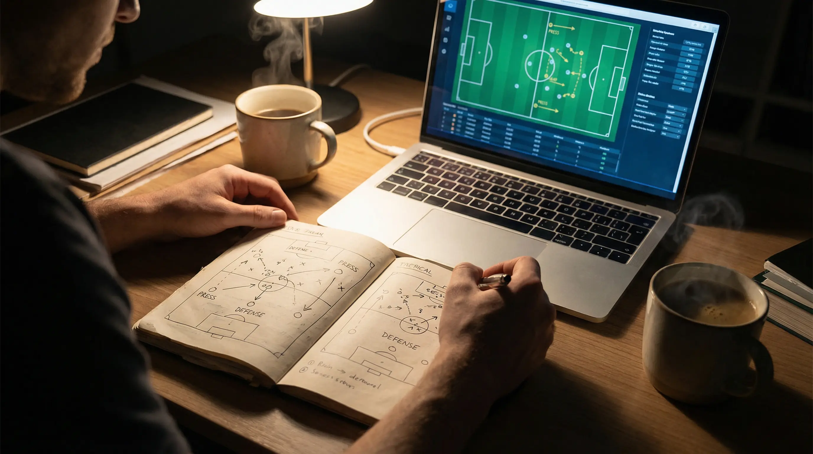 Pronostici calcio: persona che studia statistiche di calcio su un quaderno con appunti