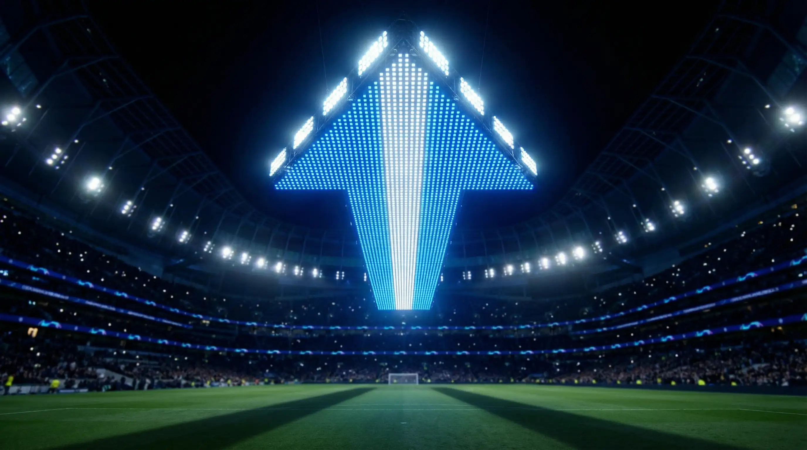 Quote maggiorate calcio: freccia verso l'alto illuminata in uno stadio di calcio serale