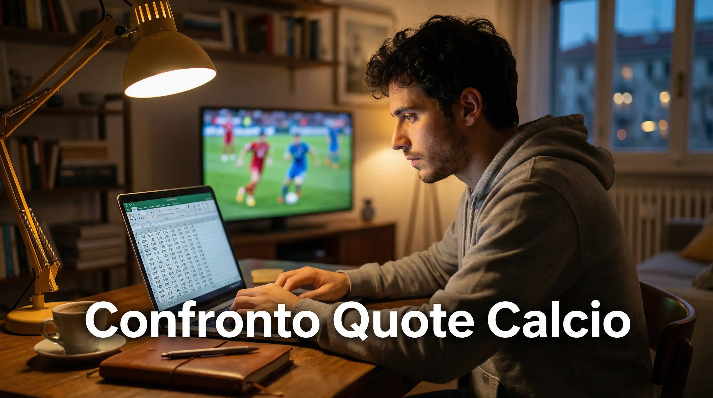 Confronto quote scommesse calcio tra bookmaker su schermo con stadio sullo sfondo