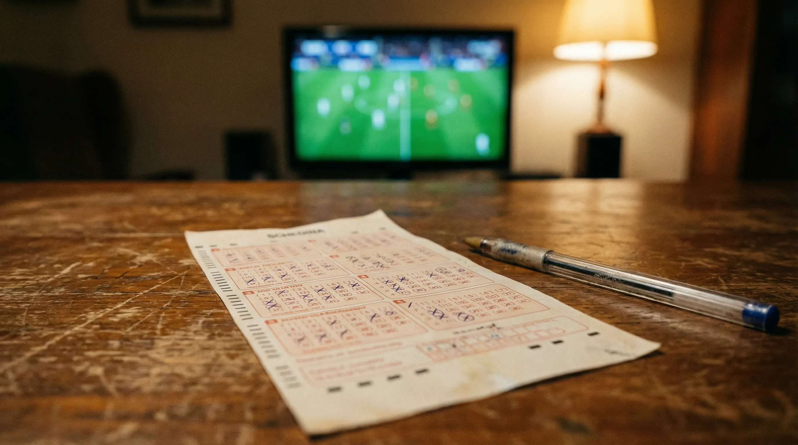 Schedina calcio: ricevuta di scommessa accanto a un campo da calcio illuminato