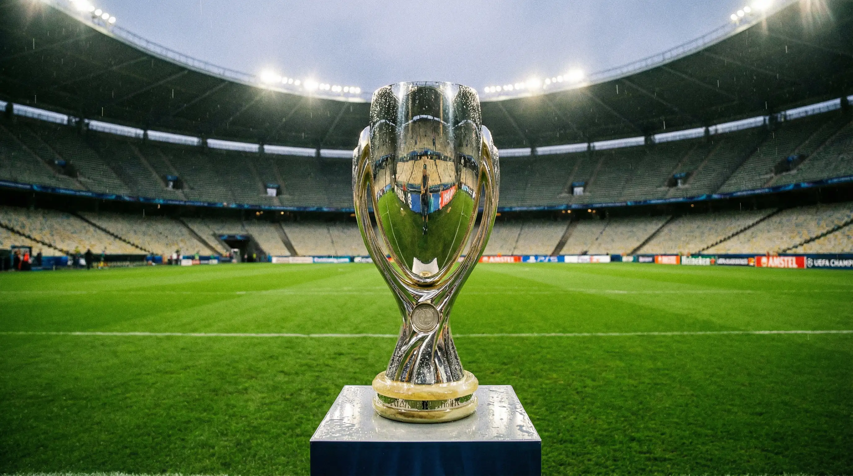 Scommesse calcio antepost: trofeo di campionato su un piedistallo in uno stadio di calcio