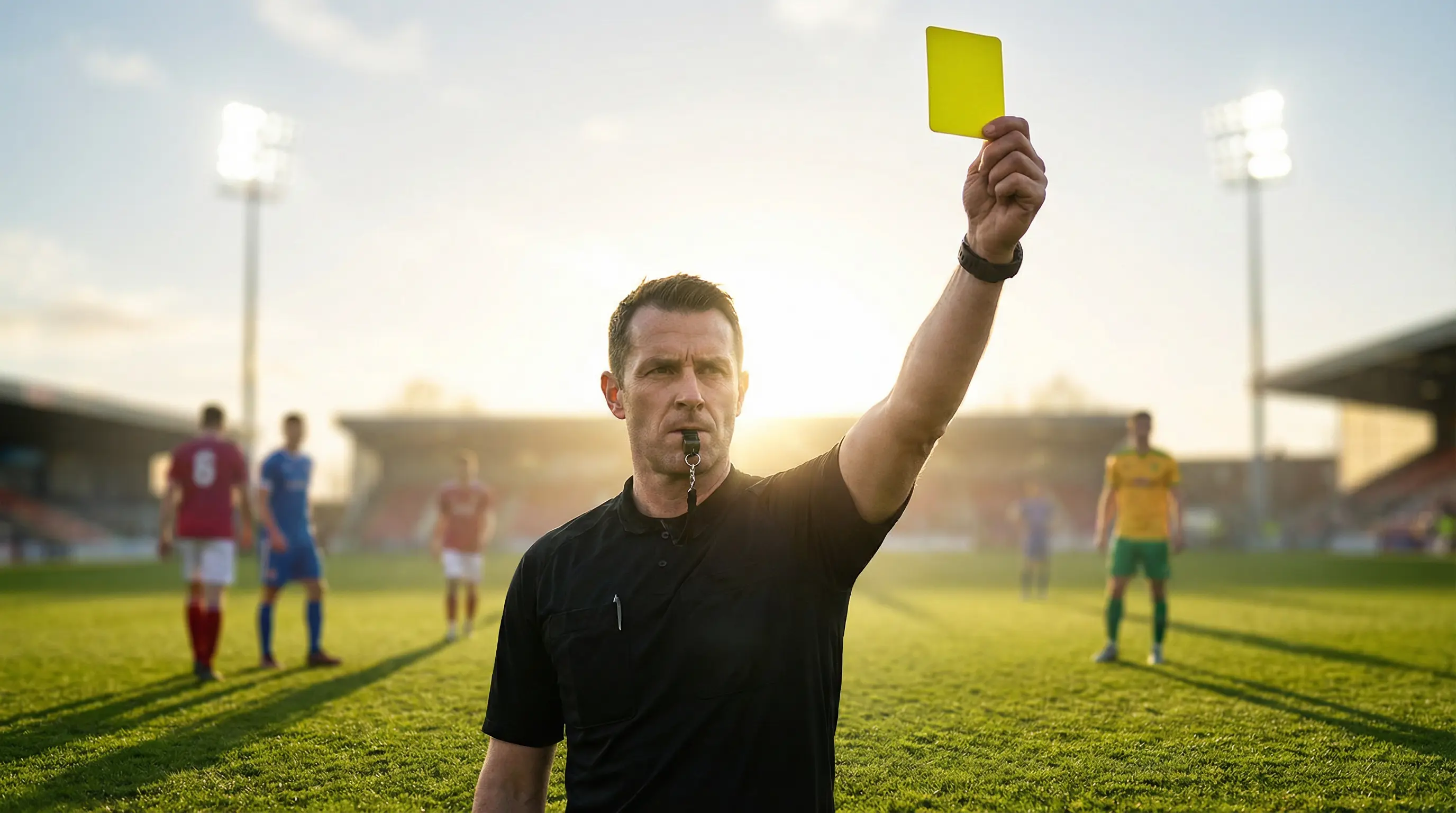 Scommesse calcio cartellini: arbitro di calcio che mostra un cartellino giallo in campo