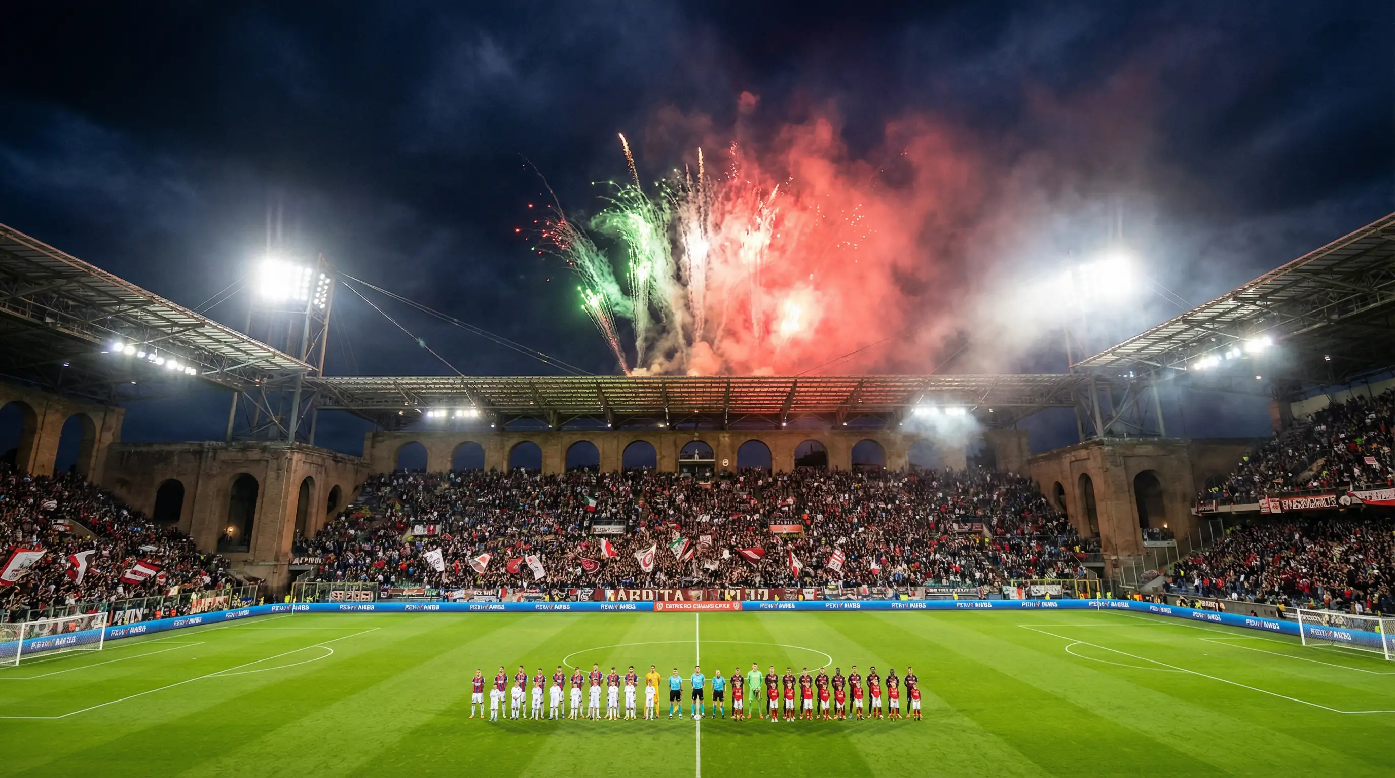 Scommesse calcio Coppa Italia: stadio italiano illuminato per una partita serale di coppa