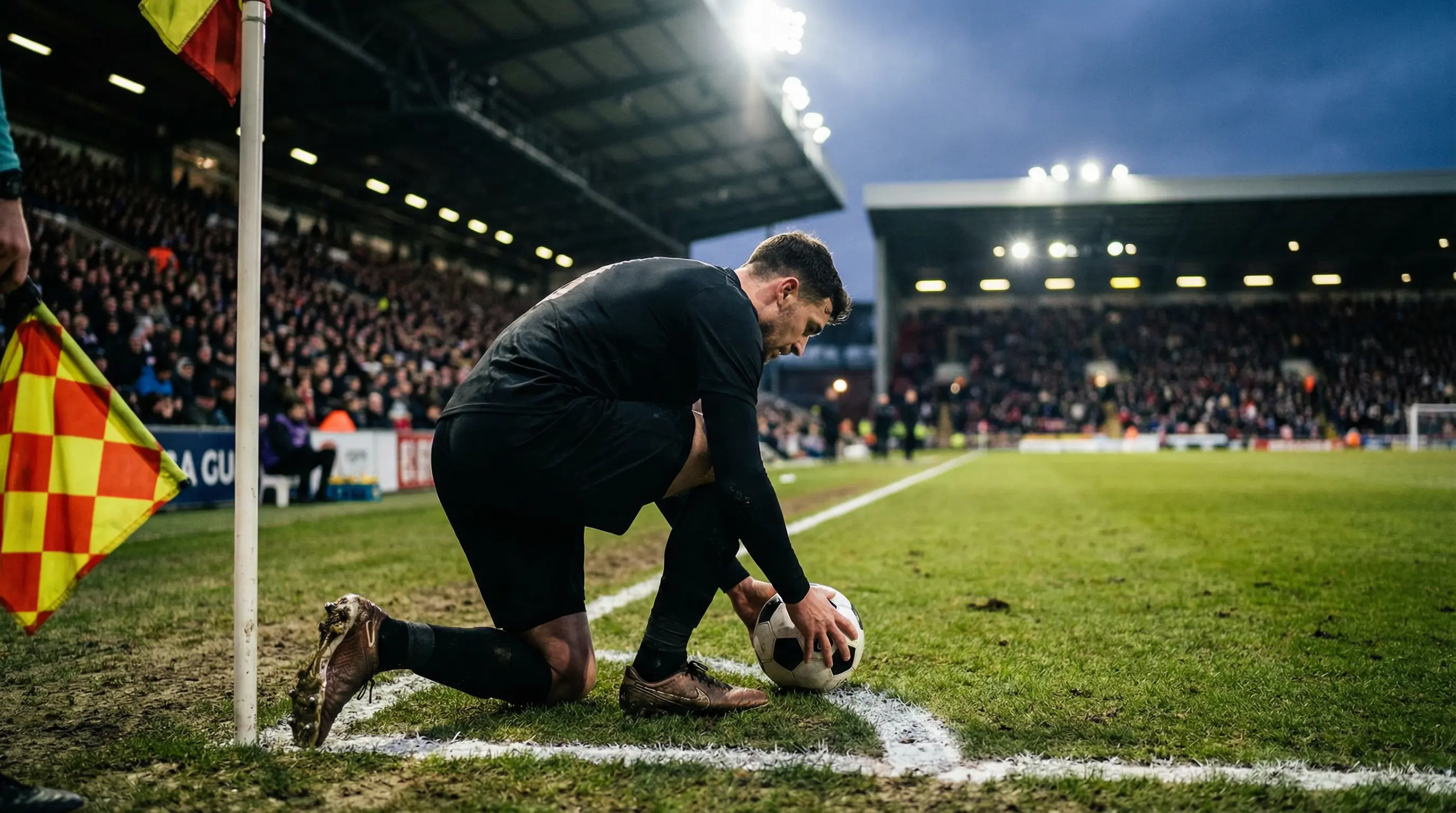 Scommesse calcio corner: calciatore che batte un calcio d'angolo su campo in erba