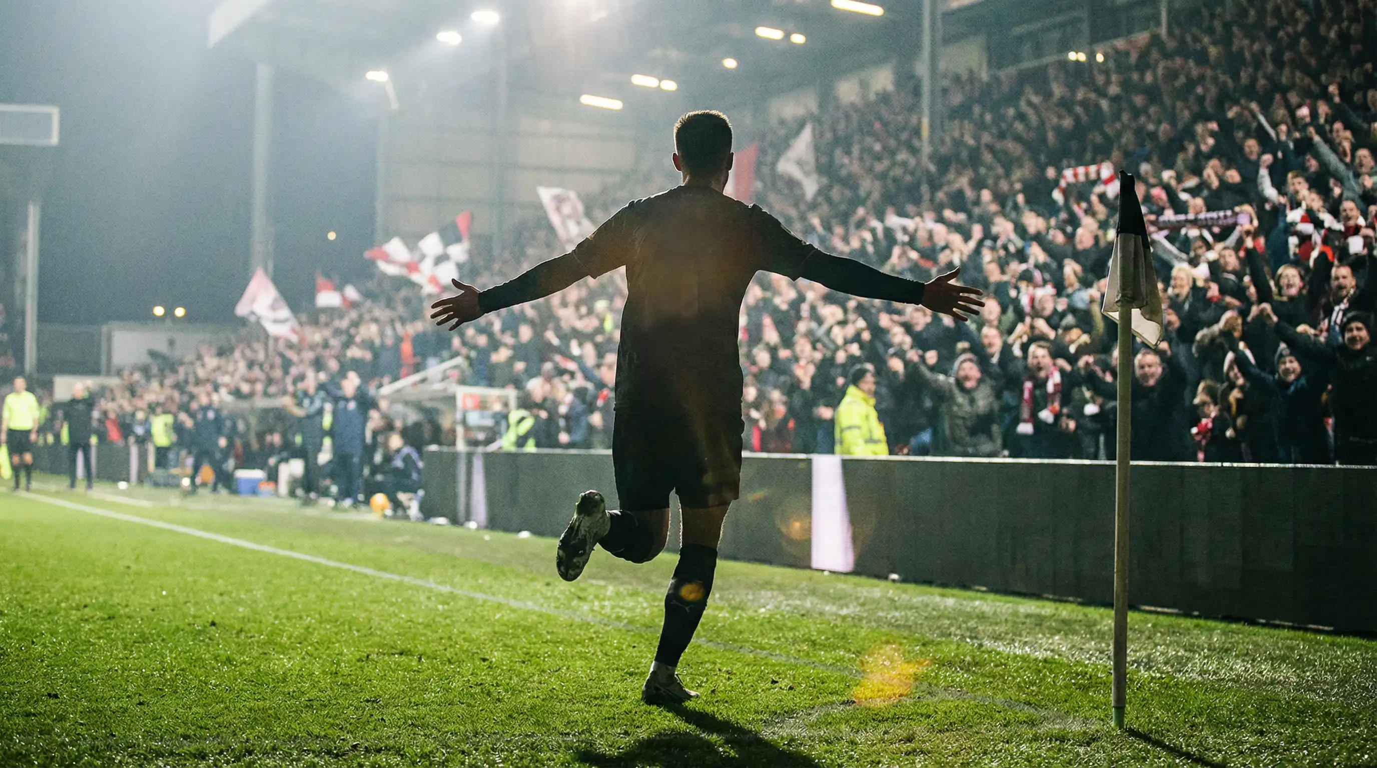 Scommesse calcio marcatori: calciatore che esulta dopo un gol su campo in erba