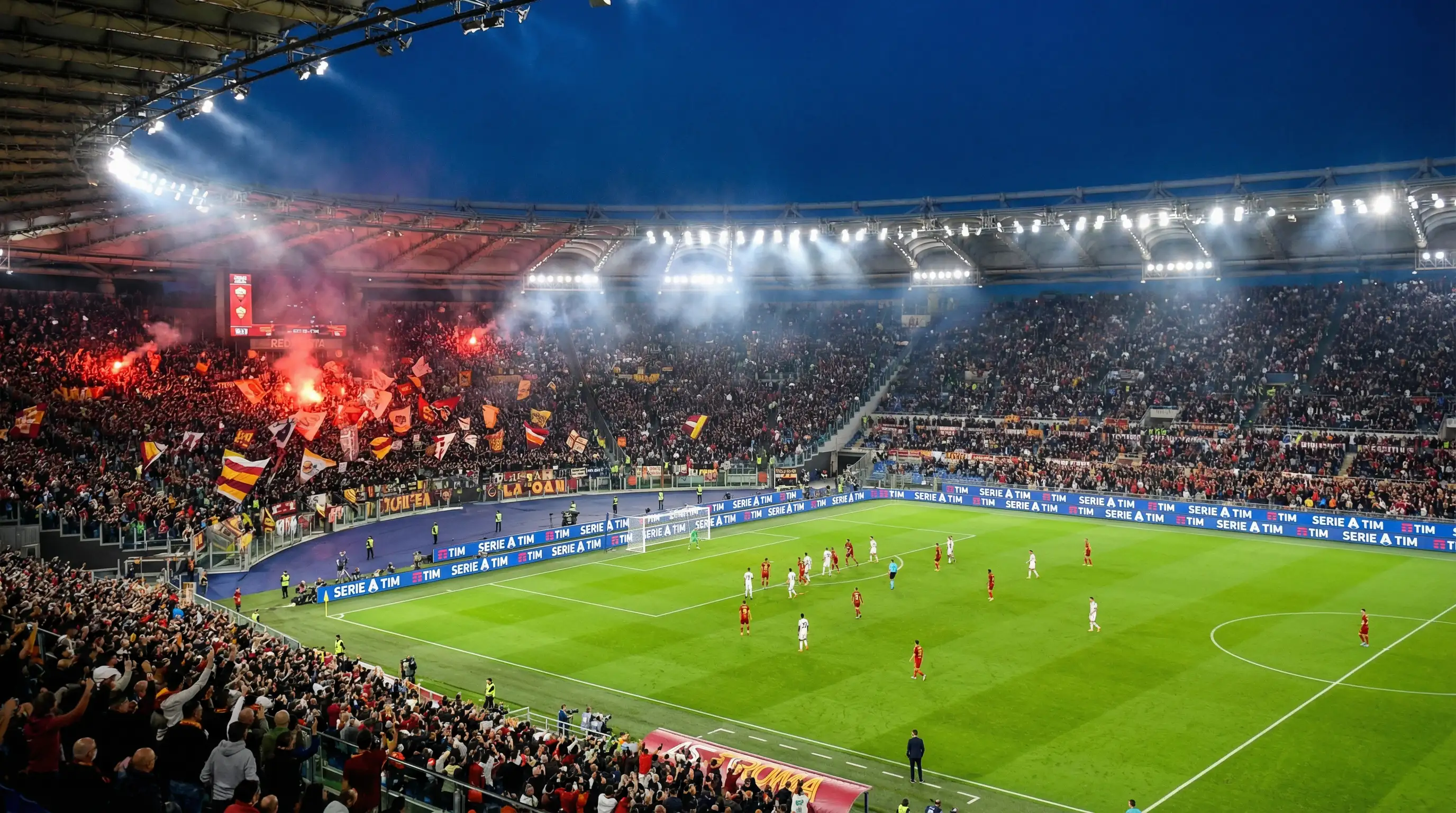 Stadio di calcio italiano durante una partita di Serie A con tifosi