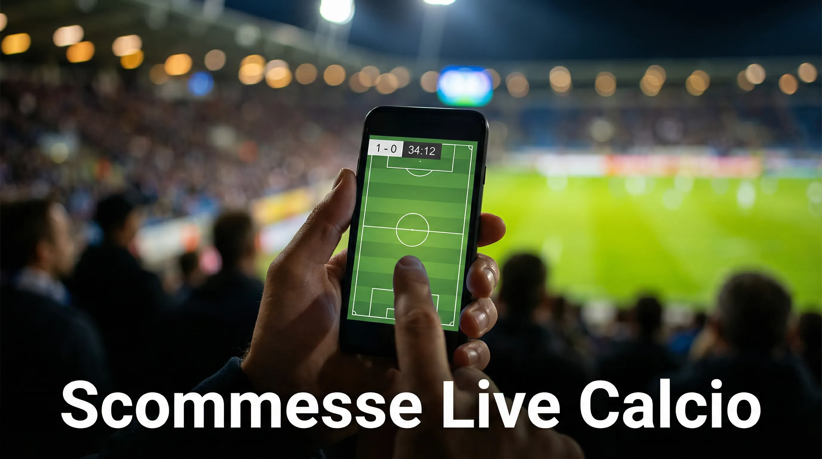 Tifoso che segue scommesse live calcio su smartphone durante una partita serale