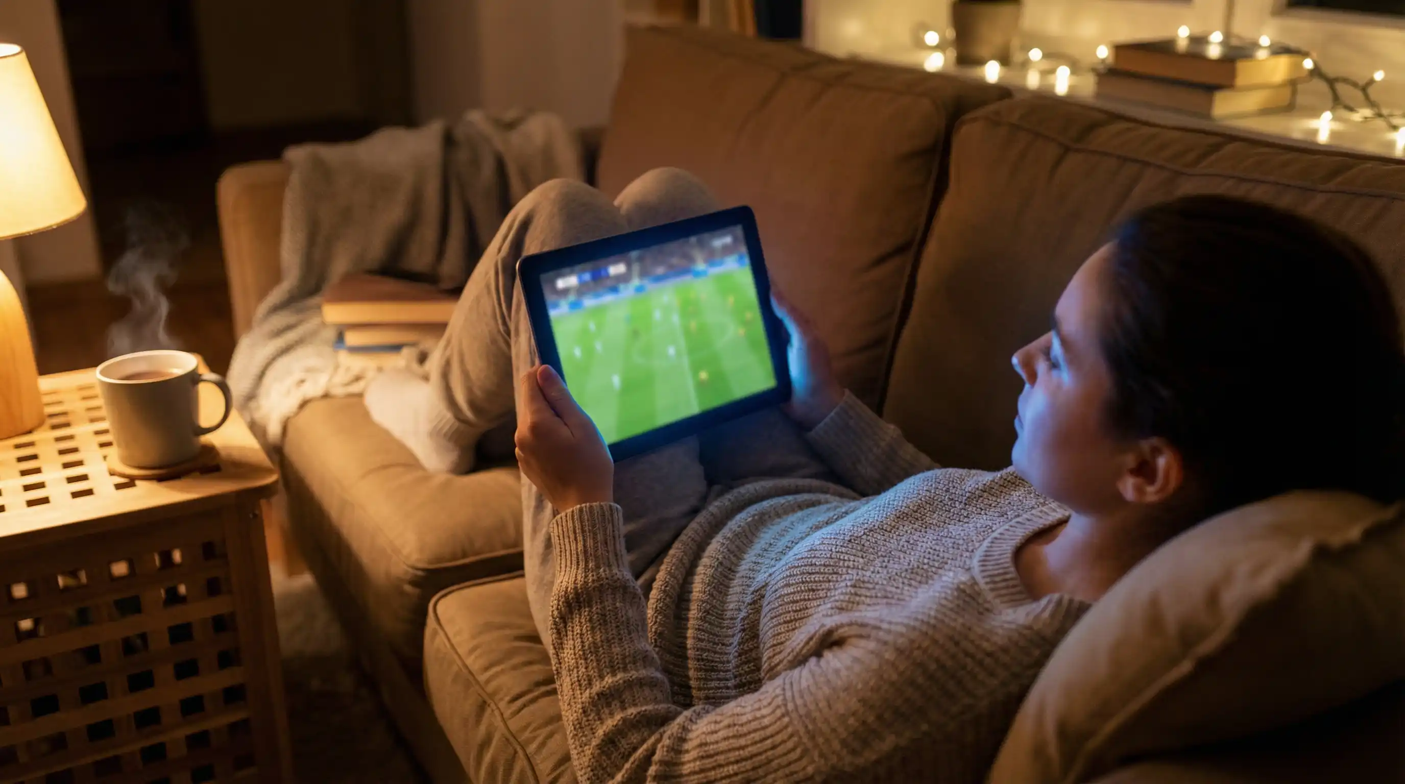 Streaming scommesse calcio: persona che guarda una partita di calcio in diretta su tablet