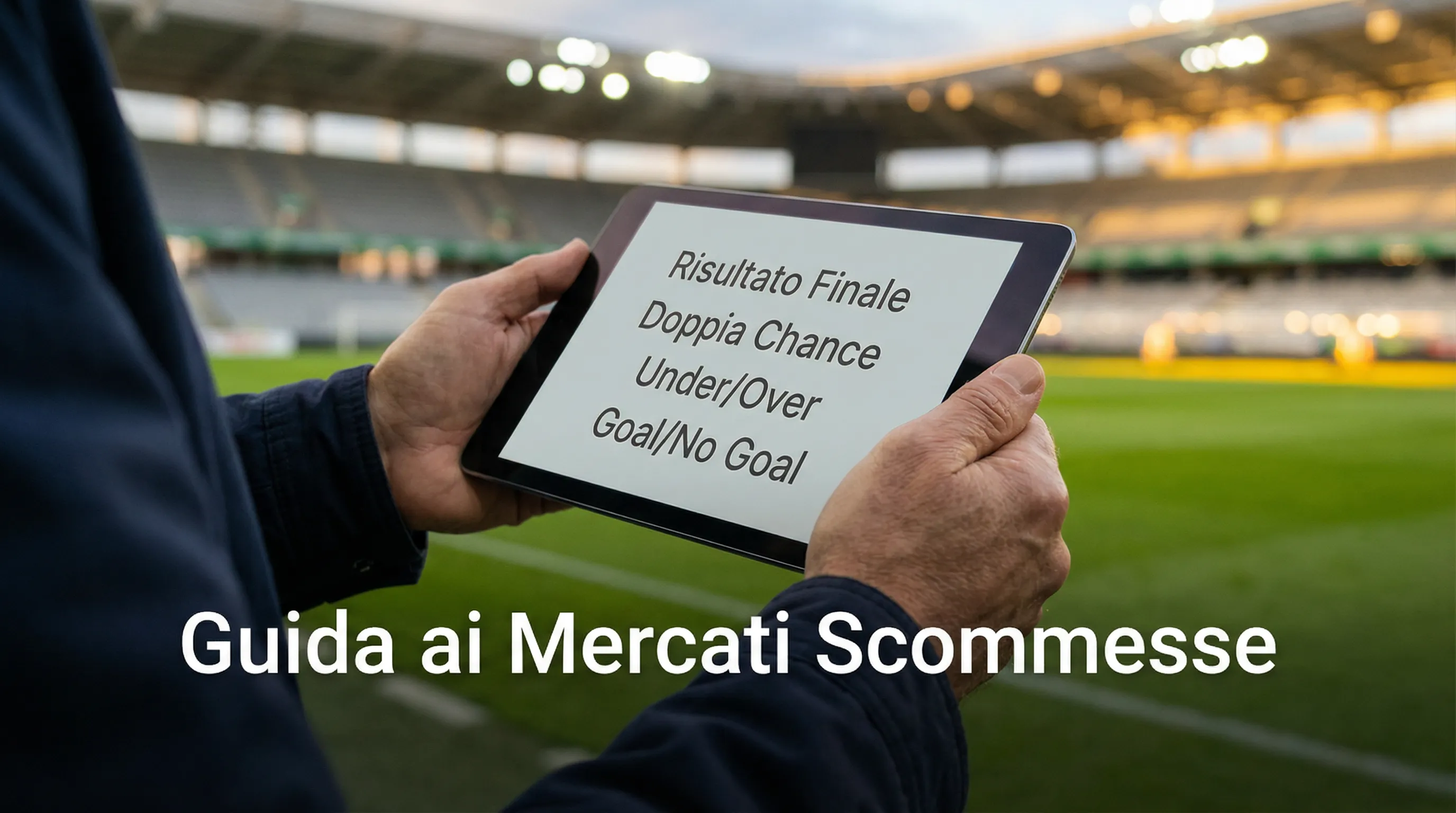 Tifoso che analizza diversi tipi di scommesse calcio su tablet allo stadio